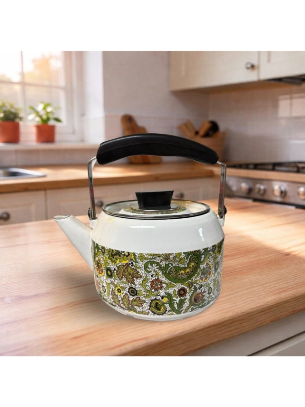 Vintage 1970s Paisley Enamel Tea Kettle With Swing Handle w Lid Green White MCM - Picture 5 of 5